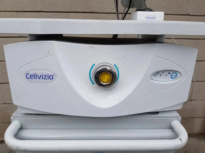 White cellvizio f-400 v2 manometry system by mauna kea technologies with central yellow lens and blue control buttons on right side