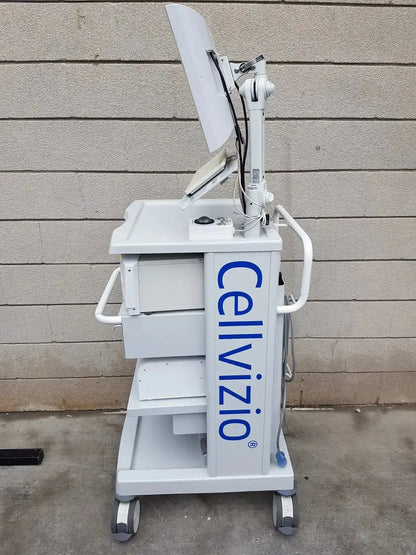White medical cart with mounted monitor and cellvizio branding by mauna kea technologies f-400 v2 manometry system