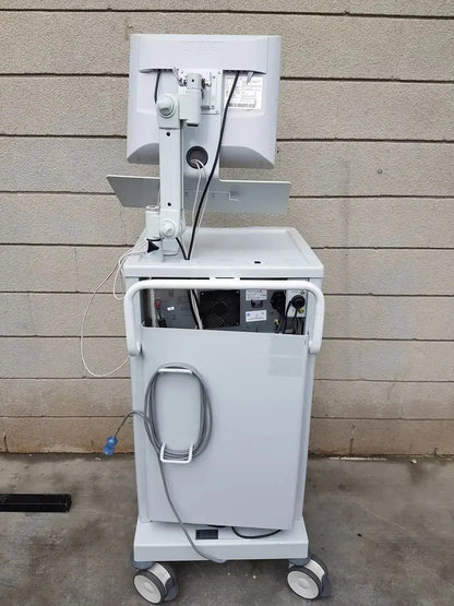 White medical imaging cart with adjustable monitor arm and integrated power supply for mauna kea technologies cellvizio f-400 v2 manometry system