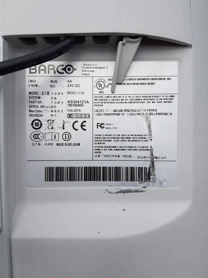 White rectangular label with black text and barcode on the back of mauna kea technologies cellvizio f-400 v2 manometry system