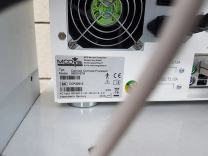 White mcd medial computers cellvizio confocal processor with black fan and green label on back of mauna kea technologies f-400 v2 manometry system