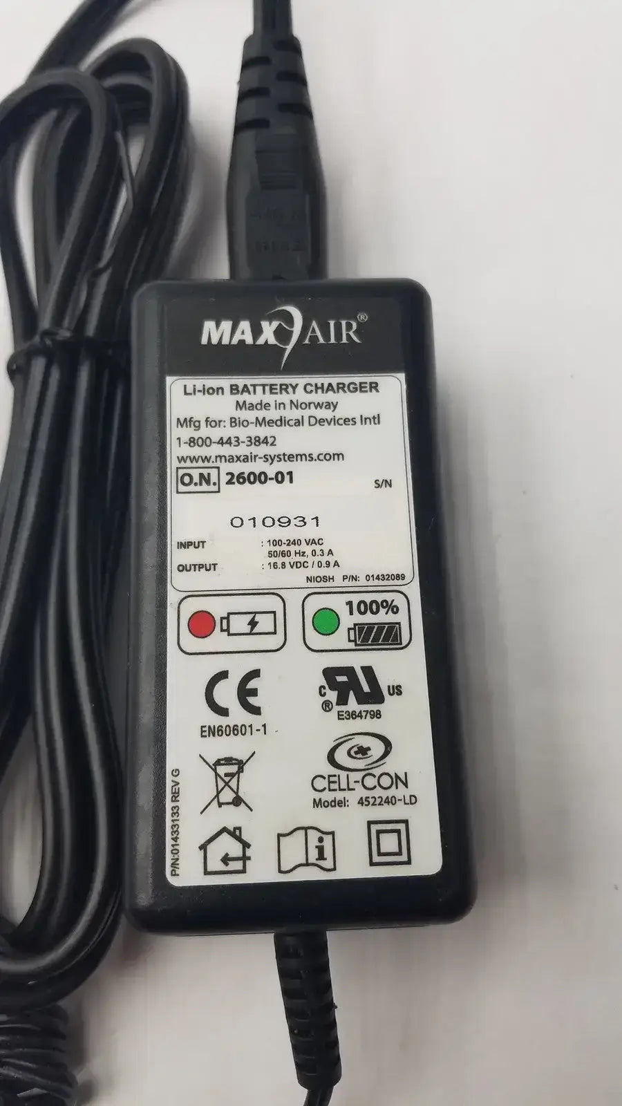 MAX AIR Systems Li-ion Single Battery Charger P/N 2600-01