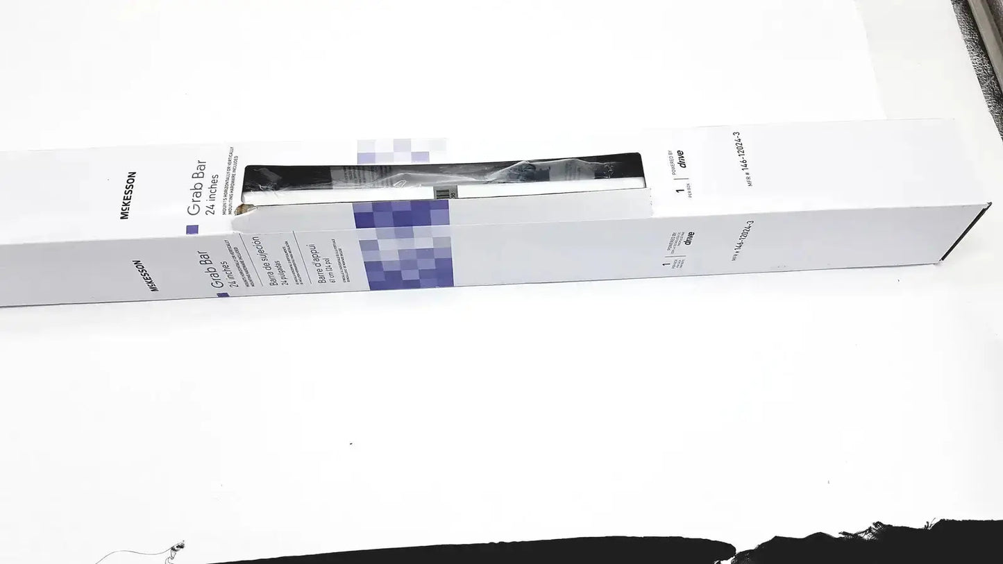 White steel grab bar in a white cardboard box with purple pixel design and window showing the black mckesson white steel bar inside