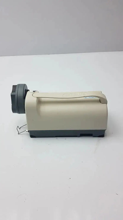 Beige and gray medfusion 3500 handheld biomedical device with retractable handle and pole clamp for hospital surplus evaluation