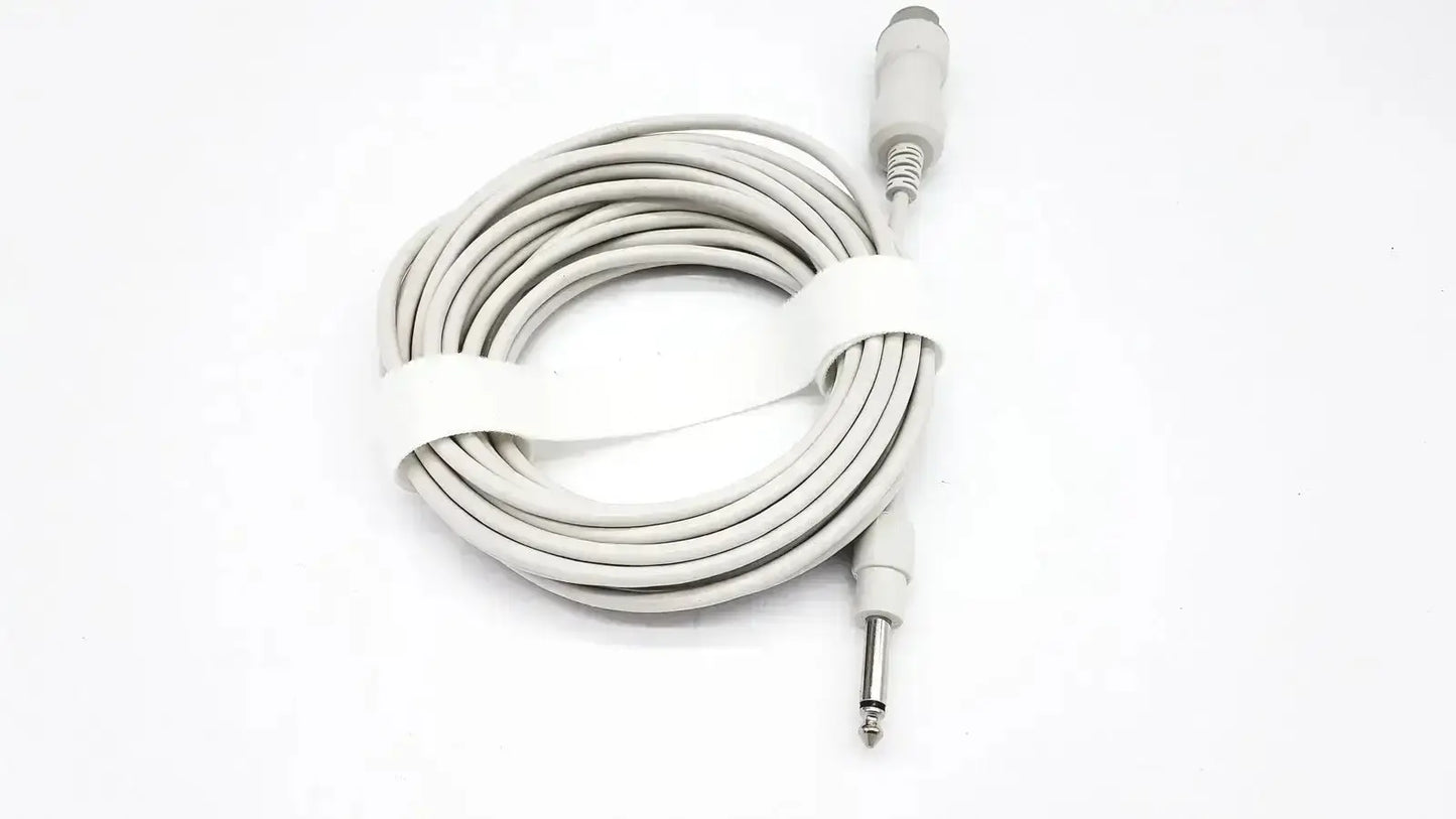 Gray coiled reusable bare copper wire ibp cable with white strap and metallic 6.35mm male and female jacks for medical use