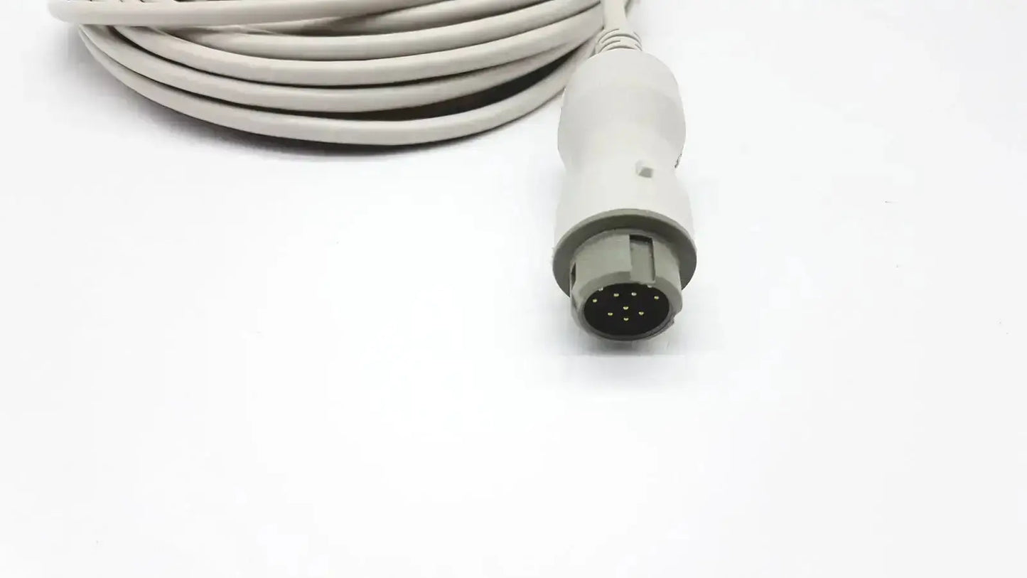 A coiled white medical reusable bare copper wire ibp cable with a gray connector housing and nine black pins