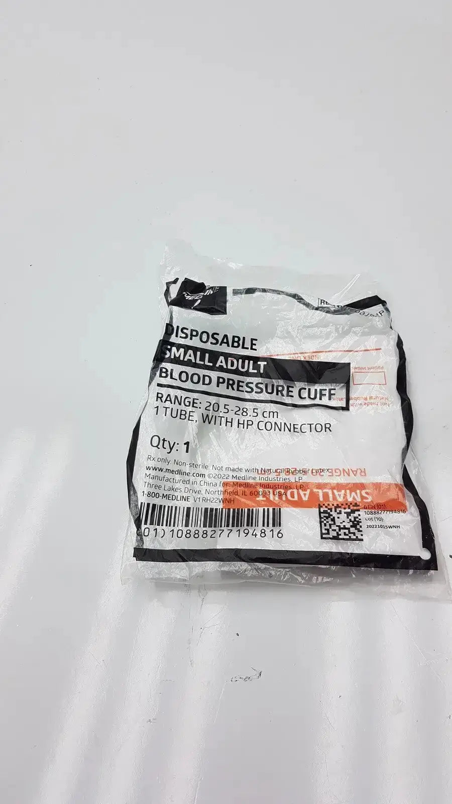 Medline disposable small adult blood pressure cuff with cuff range 20.5 to 28.5 cm in clear plastic packaging