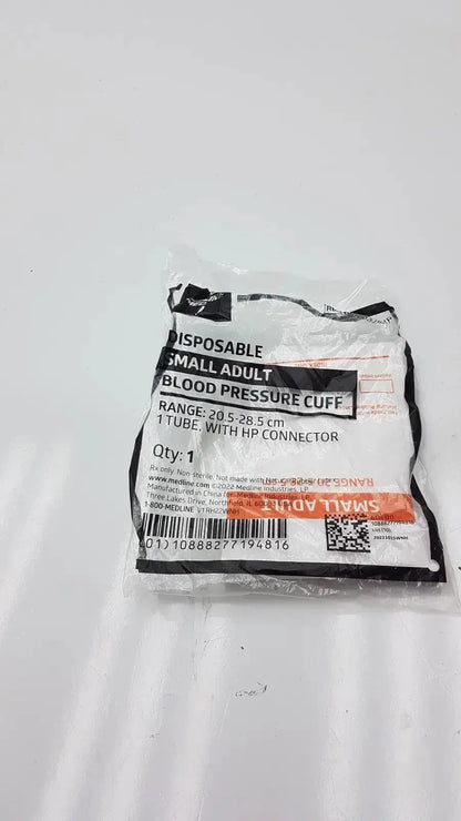 Medline disposable small adult blood pressure cuff with cuff range 20.5 to 28.5 cm in clear plastic packaging