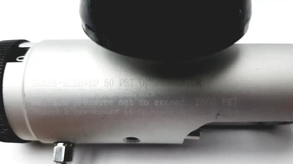 Silver metallic air compressor cylinder with black fittings and engraved text for medline brass-sleeved psi o2 regulator hospital surplus