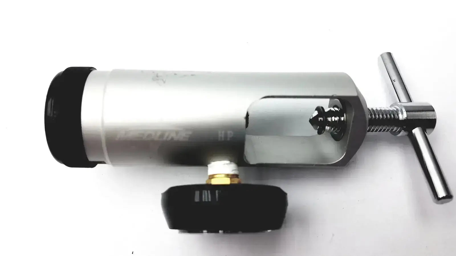 Silver metallic medline brass-sleeved 50 psi o2 regulator with black rubber caps and t-shaped adjustment knob for hospital surplus