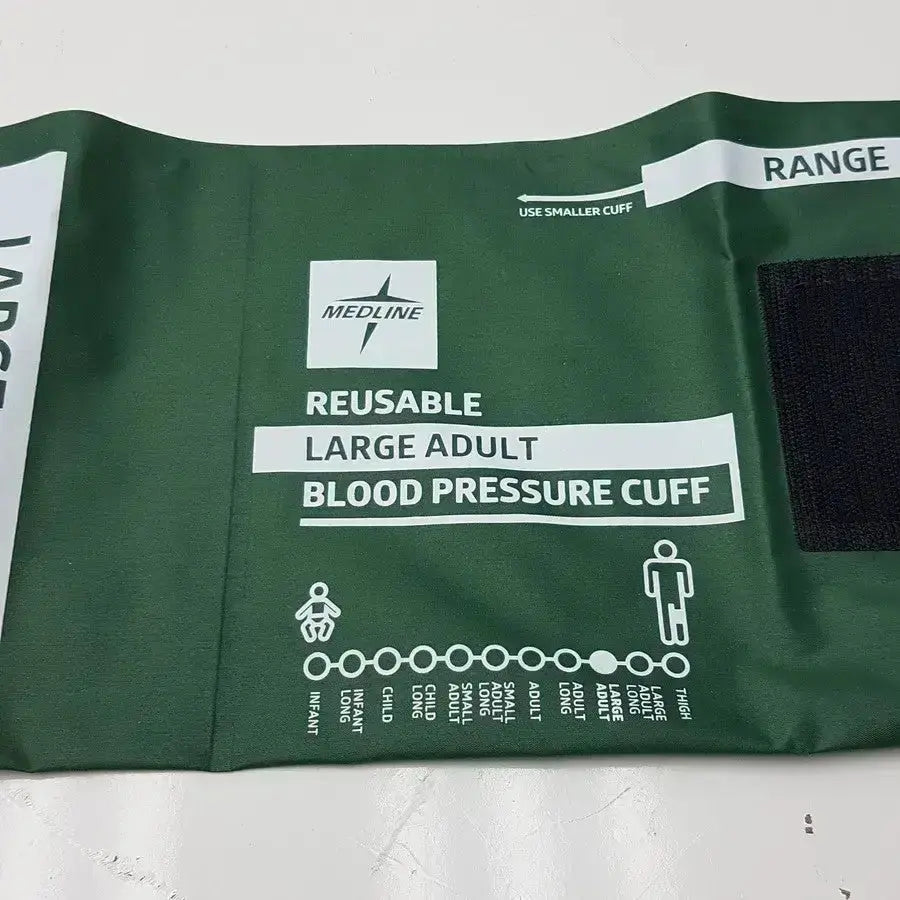 Medline reusable large adult blood pressure cuff in green with white labeling and black velcro strap size 35.5 - 46 cm