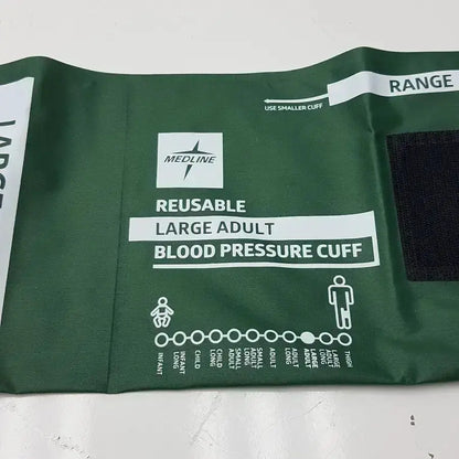 Medline reusable large adult blood pressure cuff in green with white labeling and black velcro strap size 35.5 - 46 cm