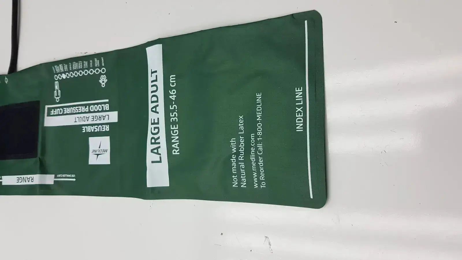 Medline reusable large adult blood pressure cuff green natural rubber latex material with white labeling range 35.5 to 46 cm