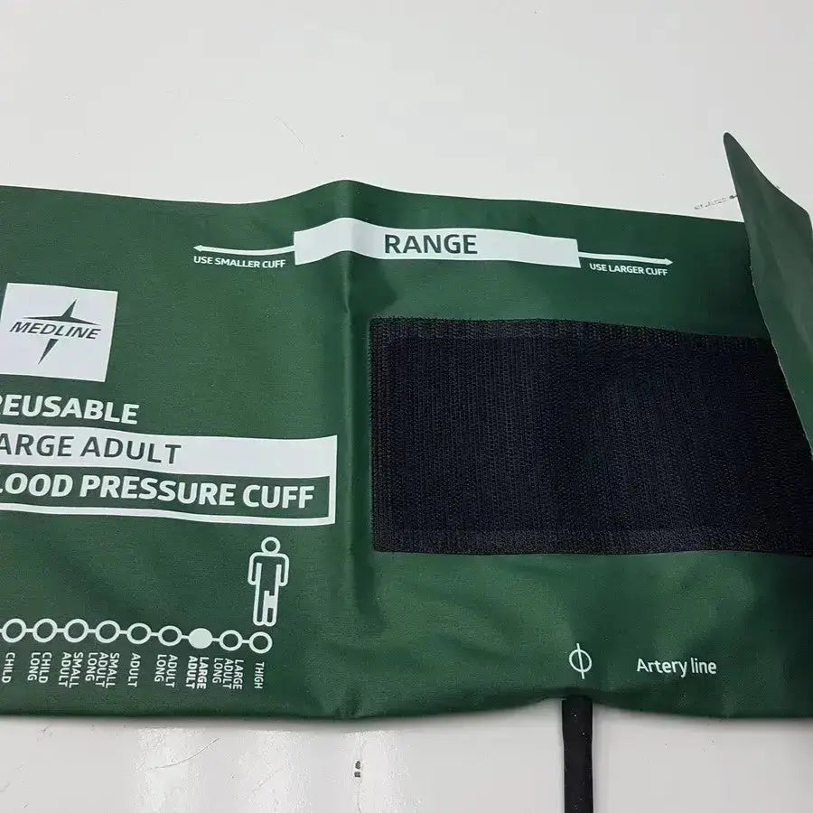 Green reusable large adult blood pressure cuff by medline with black velcro strap and white labeling size 355 to 46 cm