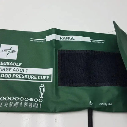 Green reusable large adult blood pressure cuff by medline with black velcro strap and white labeling size 355 to 46 cm