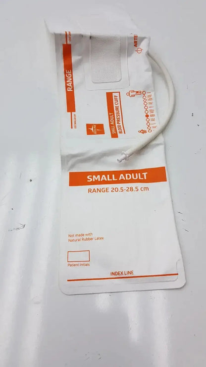 Medline small adult bp cuff in white and orange packaging with flexible rubber tube for blood pressure monitoring