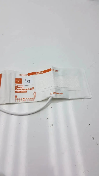 White disposable medline small adult pressure cuff with orange branding and white tubing for adult blood pressure use
