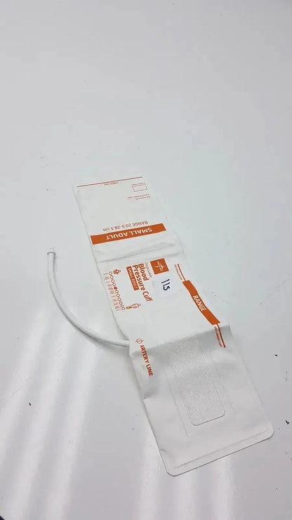 White plastic medline small adult blood pressure cuff bag with orange labeling and clear window for adult use