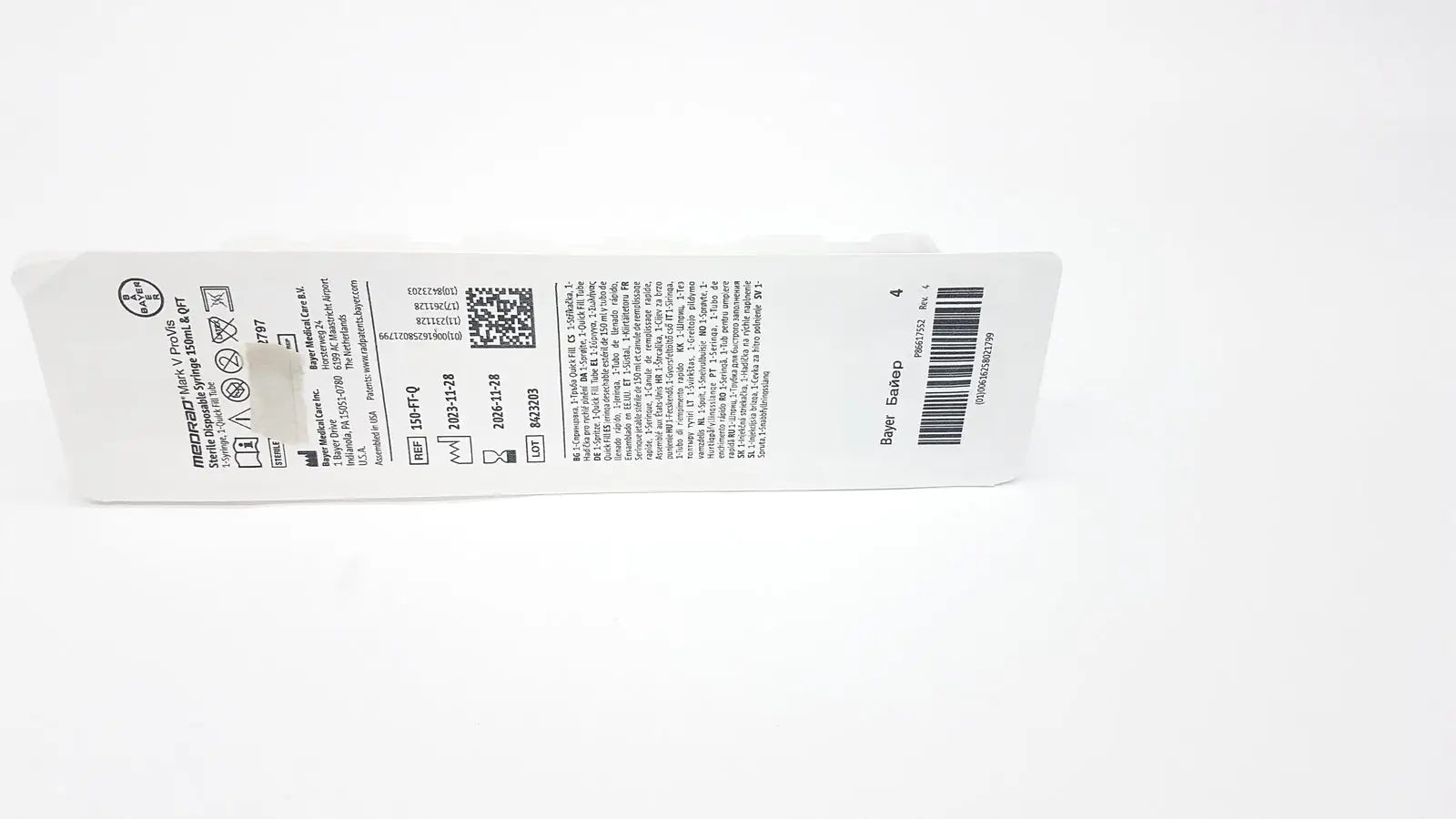 Medrad Mark V ProVis Sterille Disposable Syringe 150mL & QFT 150-FT-Q Exp. 2026