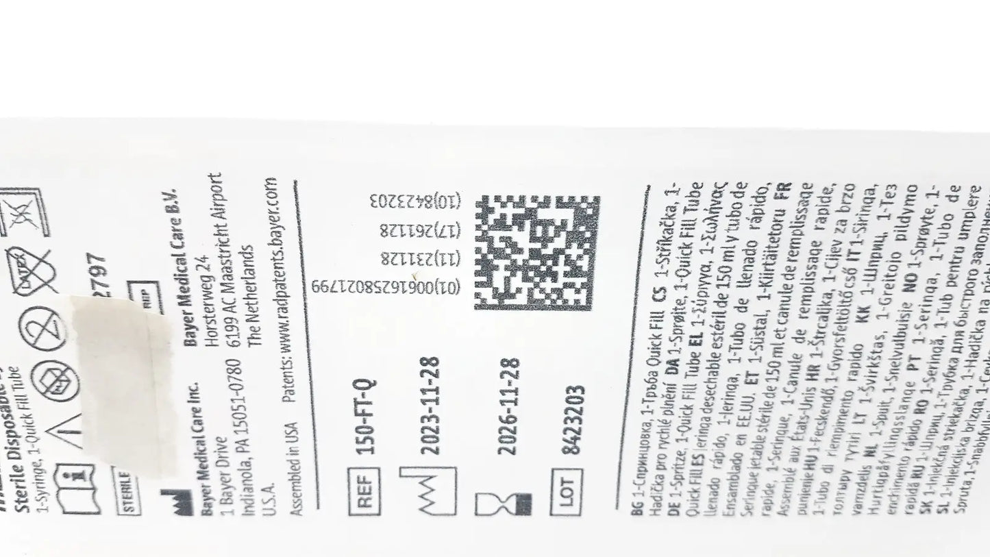 Medrad Mark V ProVis Sterille Disposable Syringe 150mL & QFT 150-FT-Q Exp. 2026