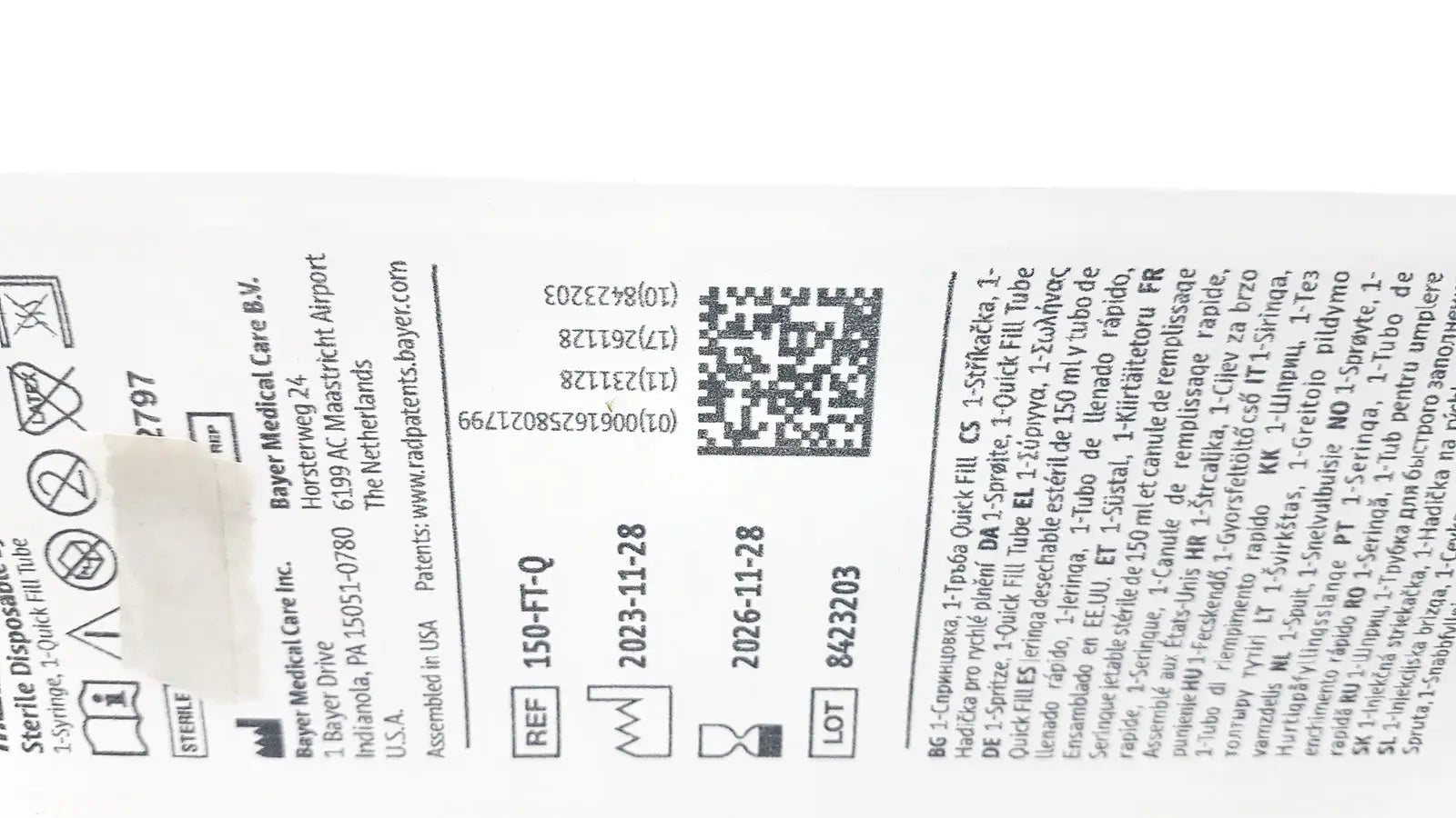 Medrad Mark V ProVis Sterille Disposable Syringe 150mL & QFT 150-FT-Q Exp. 2026