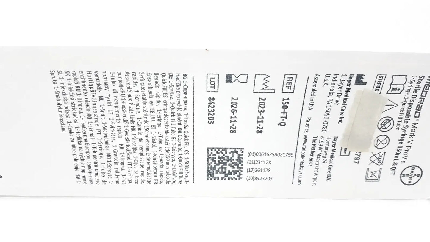 Medrad Mark V ProVis Sterille Disposable Syringe 150mL & QFT 150-FT-Q Exp. 2026