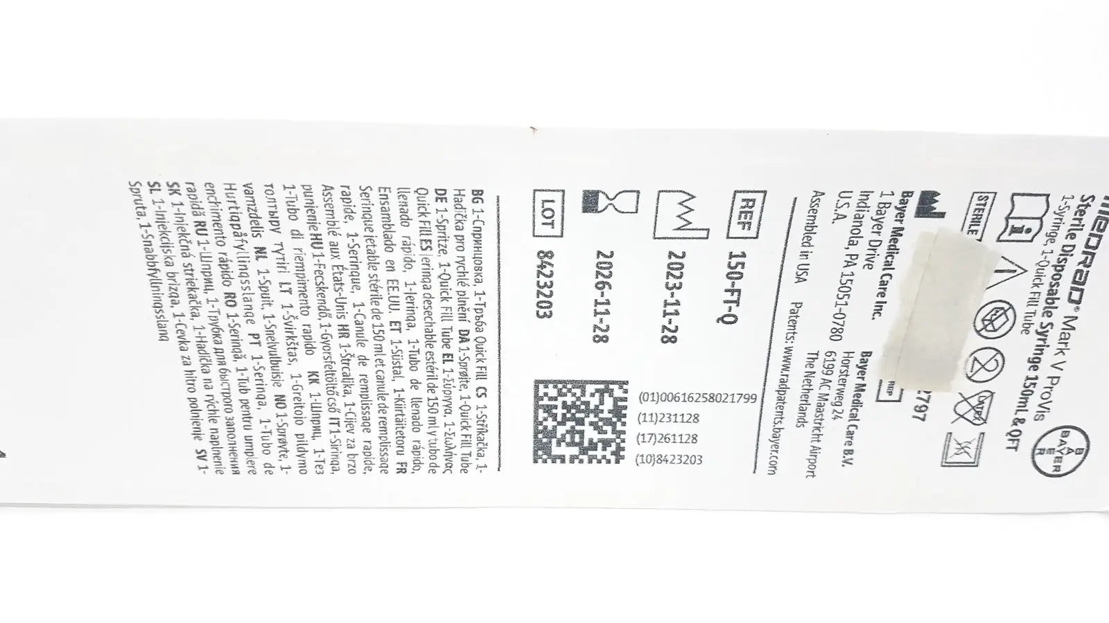 Medrad Mark V ProVis Sterille Disposable Syringe 150mL & QFT 150-FT-Q Exp. 2026