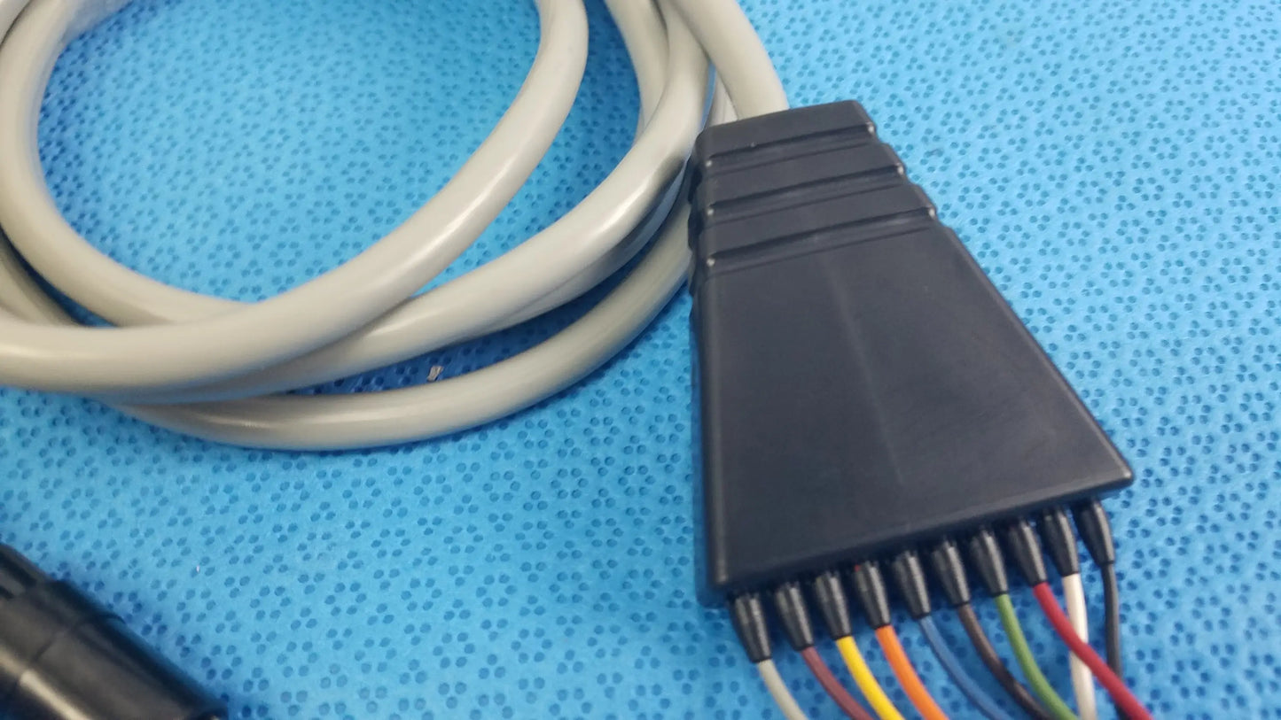 Black plastic connector with multicolored wires attached to coiled gray cable for medtronic 2achc catheter ecg medical equipment