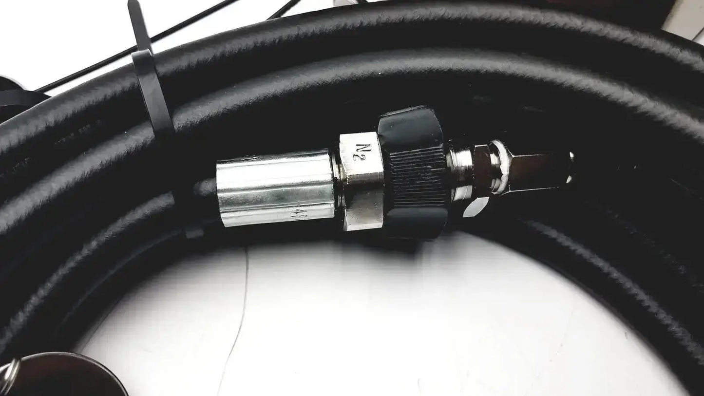 Black coiled hose with metallic silver and black threaded connector for Medtronic midas rex legend gold pneumatic system