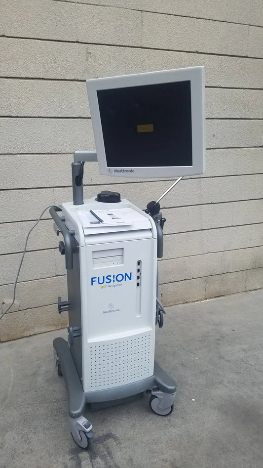 Medtronic fusion ent navigation system in white and gray on a wheeled cart with attached monitor for ent navigation