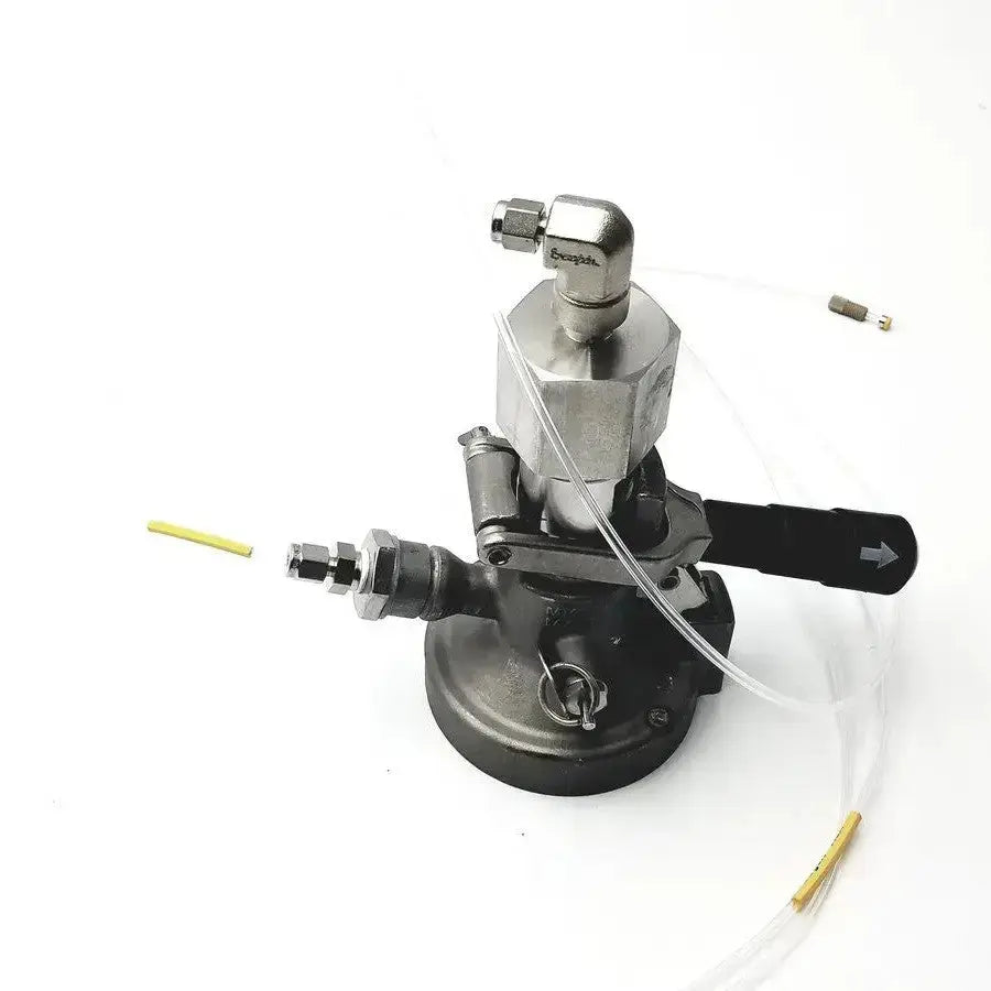 Stainless steel micro matic inlet keg coupler with black handle and clear tubing for 12 PSI maximum pressure