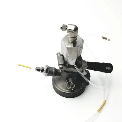 Stainless steel micro matic inlet keg coupler with black handle and clear tubing for 12 PSI maximum pressure