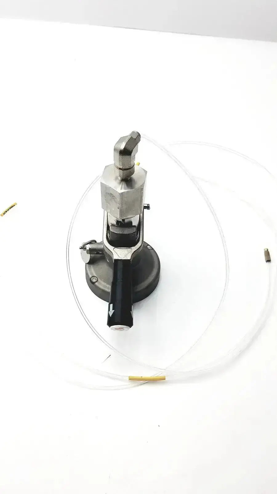 Silver and black industrial air compressor with transparent tubing for micro matic inlet keg coupler 12 psi pressure
