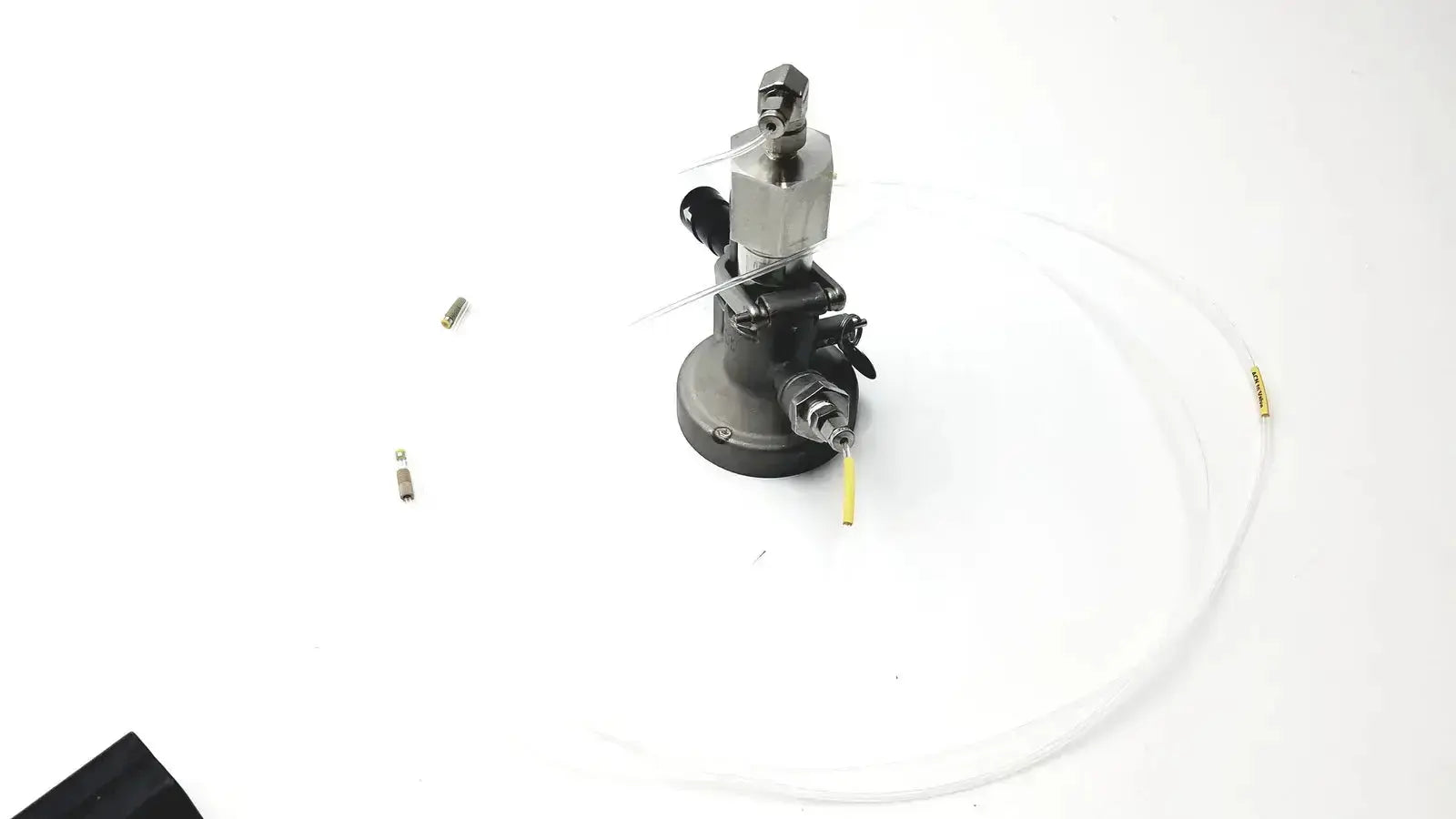 Silver and black industrial micro matic inlet keg coupler with transparent tubing maximum working pressure 12 psi