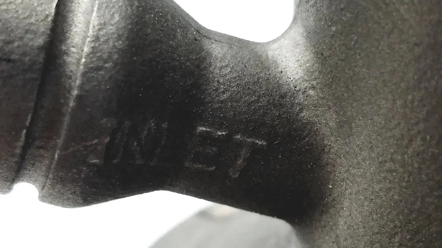 Dark gray cast iron engine block with 201 et stamped for micro matic inlet keg coupler maximum 12 psi pressure