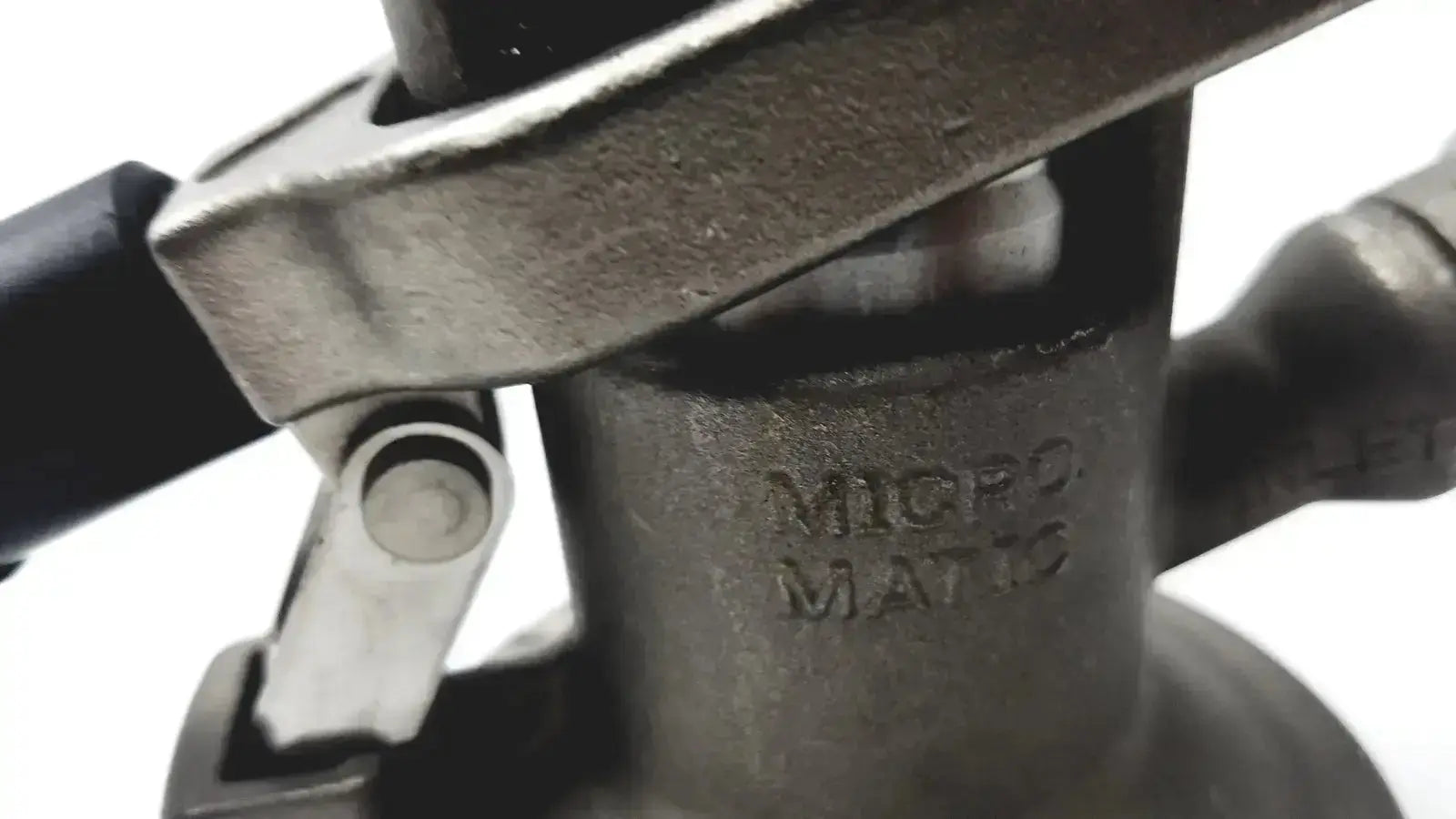 Gray metallic micro matic inlet keg coupler with engraving for matic inlet beer keg maximum pressure 12 psi