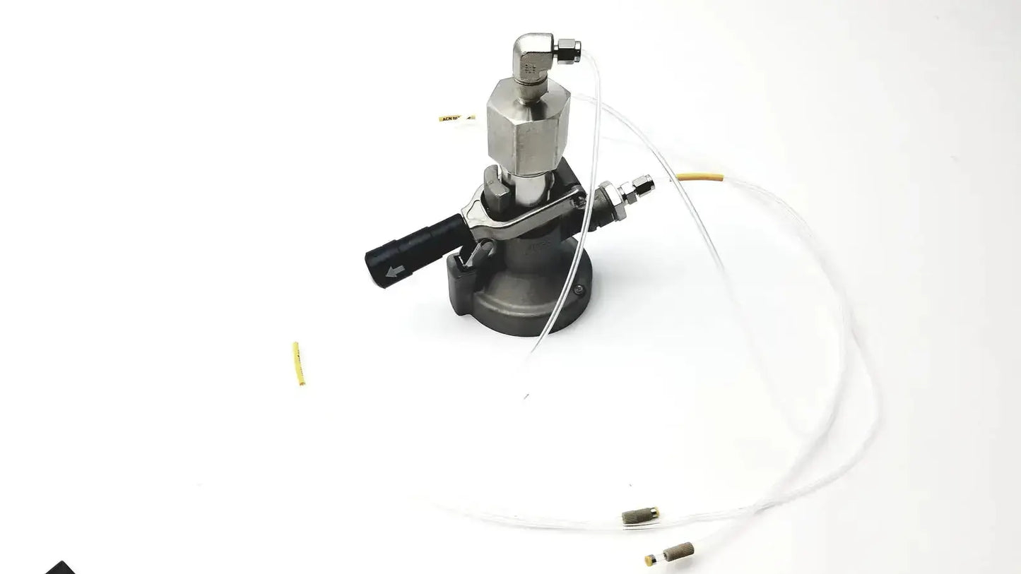 Stainless steel micro matic inlet beer keg coupler with black handle and clear tubing for maximum 12 psi pressure