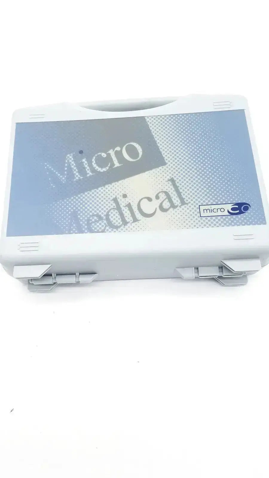 White plastic case with blue and gray micro medical label for micro medical microco carbon monoxide monitor
