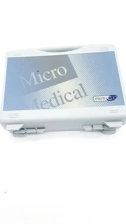 White plastic case with blue and gray micro medical label for micro medical microco carbon monoxide monitor