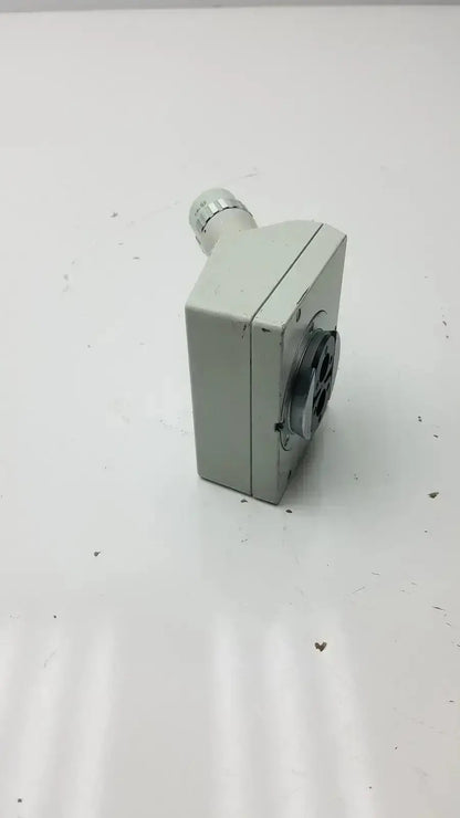 Gray rectangular microscope binocular head p16x with silver lens mount and black circular port on the back side