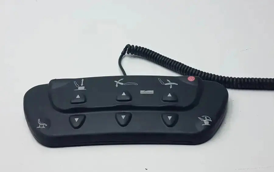 Black ergonomic podiatry chair foot control panel with tactile buttons and coiled cable for midmark 647 chair