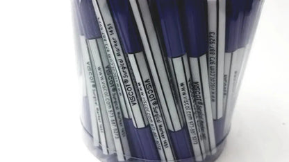 A clear plastic container filled with blue and white mini pre-surgery skin markers with scurb resistant ink
