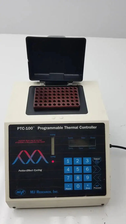 Beige MJ Research ptc-100 programmable thermal controller with black lid, red tray, digital display, and blue keypad