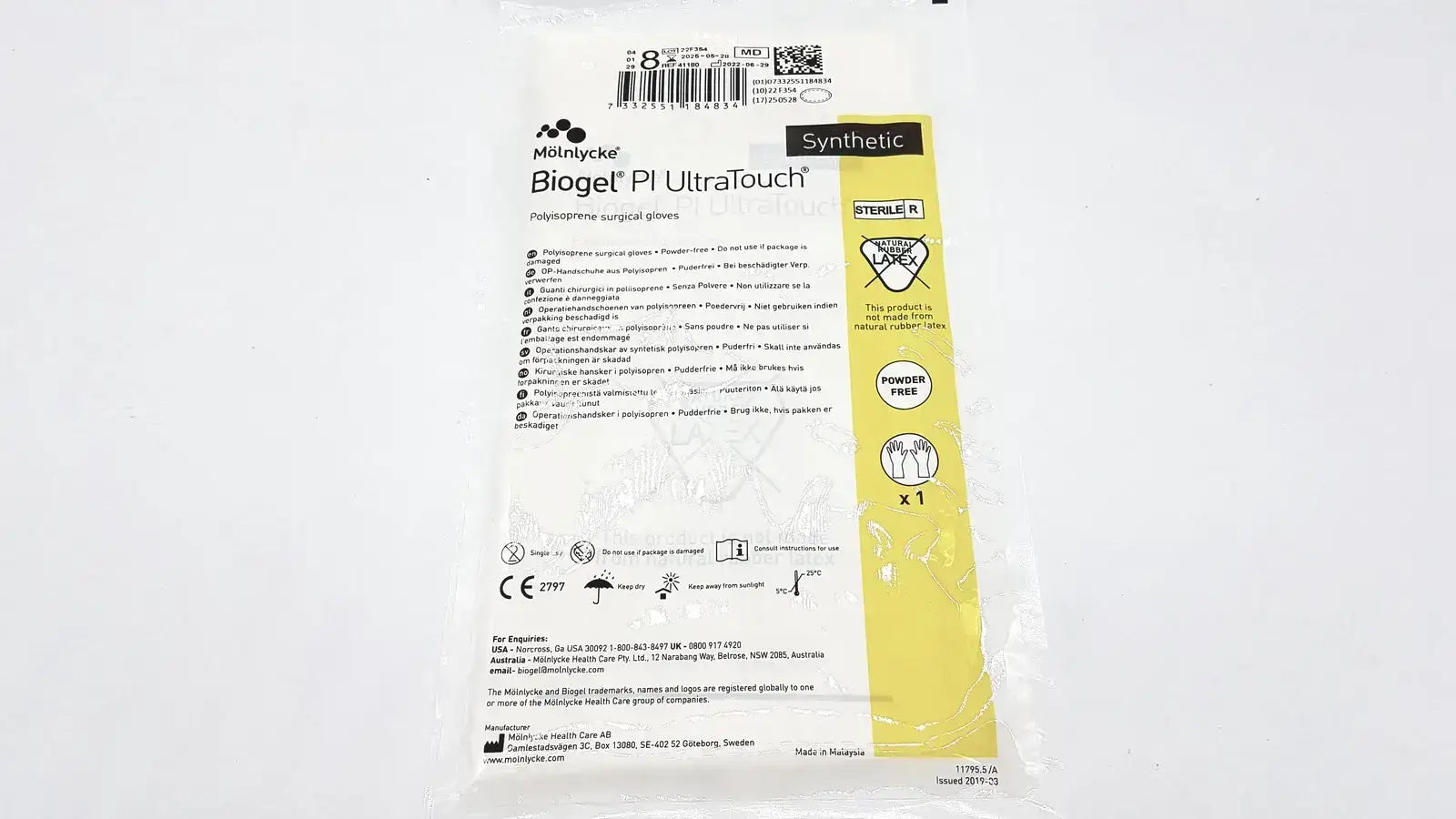 Molnlycke Biogel PI UltraTouch G Size 8 Box/50 EXP 05/2025 REF 71-41180 - Surgical Gloves