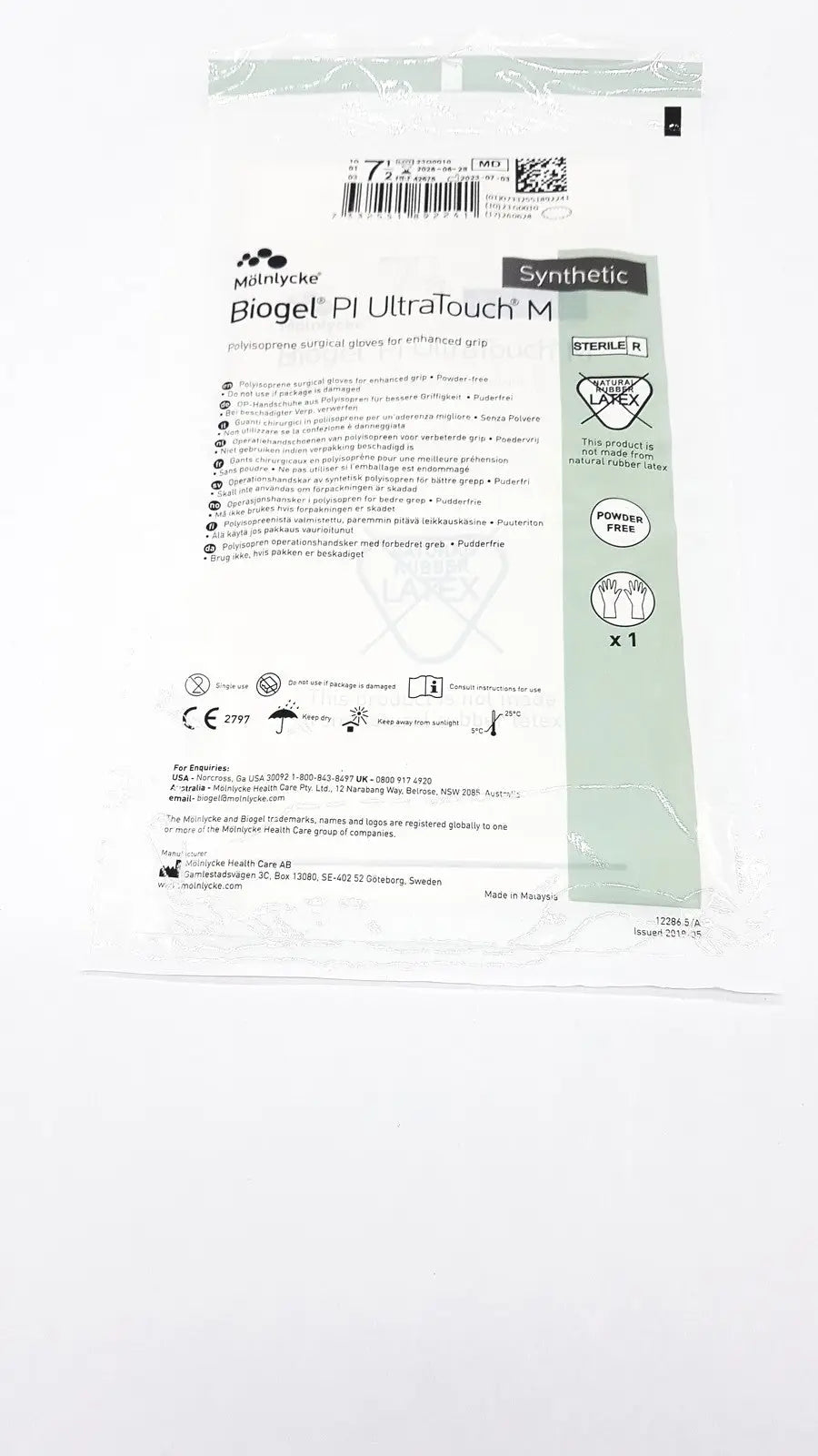 Molnlycke Biogel PI UltraTouch M Ref: 71-ML-42675 Qty 50 Pairs Size 7 1/2 - Surgical Gloves