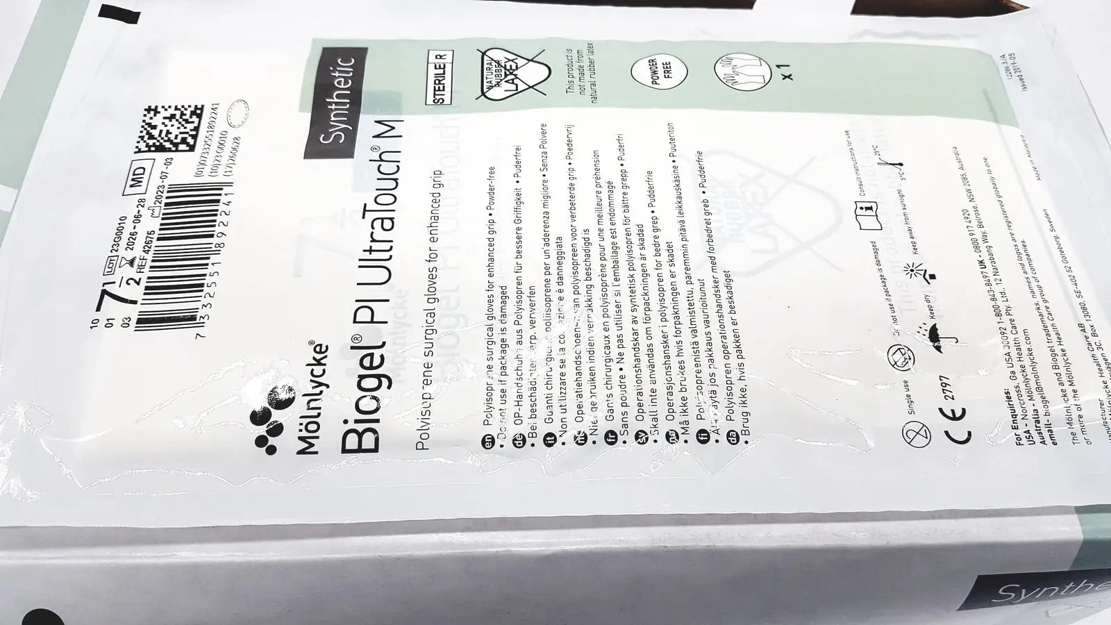 Molnlycke Biogel PI UltraTouch M Ref: 71-ML-42675 Qty 50 Pairs Size 7 1/2 - Surgical Gloves