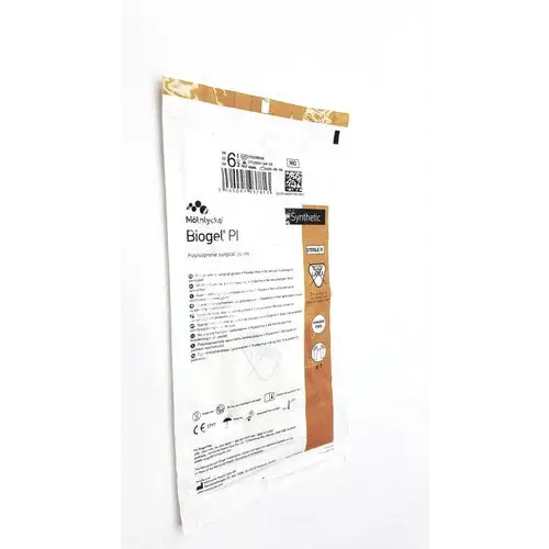 White and brown packaged biogel pi surgical dressing with a gold foil seal.