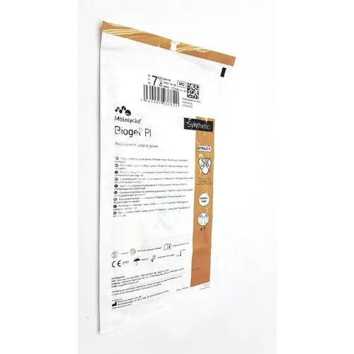 White and beige plastic packaging for medtronic biogel pi non-surgical gauze.