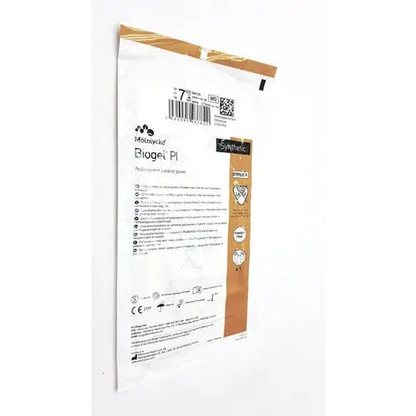 White and beige plastic packaging for medtronic biogel pi non-surgical gauze.