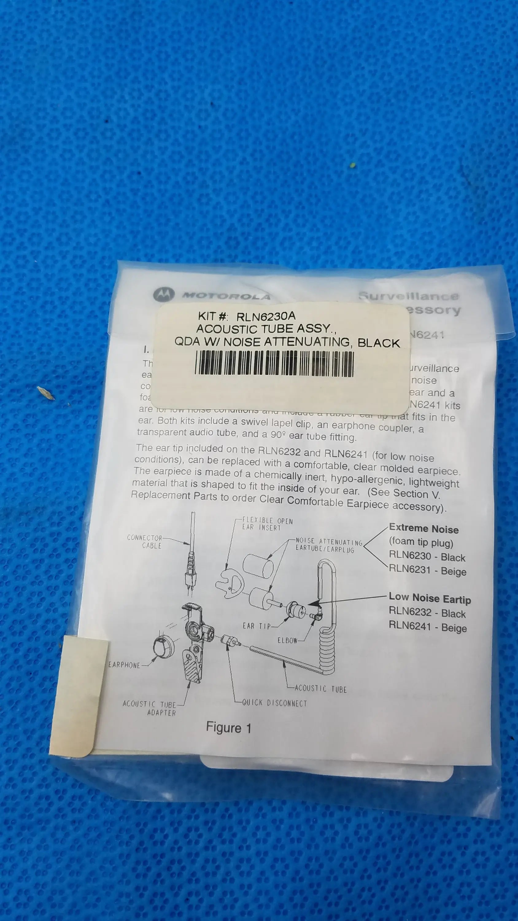 Motorola RLN6230A black acoustic tube assembly noise attenuating kit for earphones reuse medical equipment